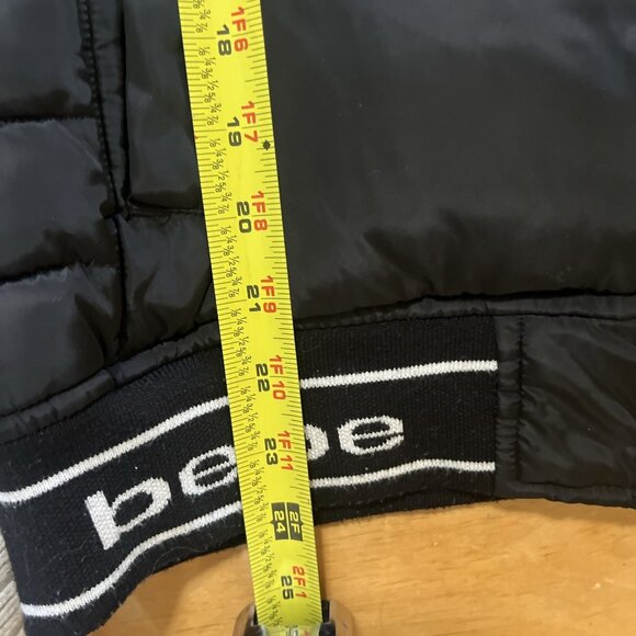 Y2K Bebe size S/P black cropped puffer jacket missing fur Rhinestone logo - Picture 9 of 15